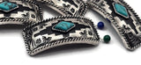Antique silver rectangle slider beads with turquoise diamond cabochon and desert stamp details. Slide double strand construction; small‑hole channels keep strands flat—ideal for 0.015–0.018" wire. Use as bracelet focal bars or choker centers. Jewelry making components parts, bulk wholesale metal, cheap sliderbeads, artisan beads, geometric focal.