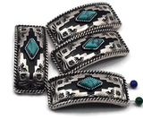 Long focal slider beads, antique silver with engraved desert florals and zigzag lines. Turquoise diamond cabochon at center. 2‑hole double‑strand slide; small holes for thin beading wire. Ideal for bracelets necklaces, artisan components, unique spacer filler, wholesale metal findings, cheap sliderbeads for kits.