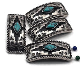 Geometric turquoise bar sliders with black enamel contrast and stamped motifs. Double 2‑strand construction; small holes suit fine thread/wire. Use as statement focal beads, structured spacers, or centerpiece connectors. Bulk wholesale metal components, cheap sliderbeads, online bead shop supplies, artisan silver focal.