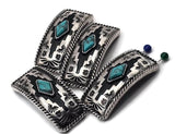 Turquoise center curved rectangle sliders with oxidized silver finish. Two small parallel holes for tidy, flat placement on thin strands. Great for cuff‑style bracelets, layered chokers, pendant bars. Search terms: turquoise focal beads, silver bar beads, 2 hole slider beads, double strand slide, components parts wholesale.