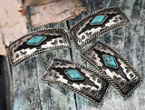 Curved bar 2‑hole sliders featuring turquoise center stone look, etched cactus/arrow motifs, and oxidized black inlay. Silver metal focal beads for double 2‑strand bracelets and necklaces. Small holes fit fine beading wire or braided thread. Perfect jewelry making supplies, components parts, supplier wholesale, unique spacer filler, online bead shop sliderbeads.