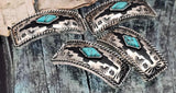 Statement bar 2 hole sliders—rope edge, cutout pattern, turquoise center. Curved profile sits comfortably on the wrist. Small‑hole double‑strand beads for fine wire/FireLine. Great for bracelets necklaces, unique spacer filler DIY, components findings, wholesale metal supplies, artisan focal beads. Set of 4.