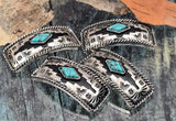 Curved rectangle 2‑hole sliders—oxidized silver tone, rope border, turquoise stone look. Small‑hole channels keep designs aligned. Perfect bracelet focal bars and necklace centers. Keywords: silver metal beads, turquoise beads, 2 hole slider beads, slide double strand, jewelry making supplies, components parts, artisan focal beads.