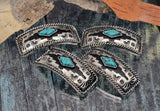 Antique silver long bar 2‑hole beads—rope edge, desert floral stamps, turquoise diamond cabochon. Slide double strand for bracelets and chokers. Jewelry making supplies, components parts, unique spacer filler DIY, bulk wholesale metal, cheap sliderbeads, artisan beads for statement designs.