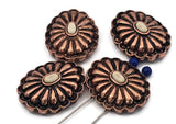 Antique copper concho 2 hole slider beads with raised scalloped petals and cream oval cabochon center. Large round rosette focal beads for bracelets and necklaces. True slide double‑strand design; small parallel holes fit fine beading wire, FireLine, or micro cord (not leather/chain). Jewelry making supplies, components parts, artisan beads, unique spacer filler, bulk wholesale metal, cheap sliderbeads.