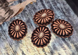 Warm copper concho 2‑hole sliders—flower medallion style with creamy stone look. Double 2‑strand slide connectors for bracelets chokers; small holes for thin wire/thread. Use as statement focal beads or structured spacers. Jewelry making supplies, components findings, bulk wholesale metal, artisan beads.