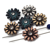 Daisy flower 2‑hole slider beads with sparkly rhinestone centers. Mixed finishes: antique silver, warm copper, golden brass, and patina teal. True double‑strand slide design; two small parallel holes fit fine beading wire, FireLine, or micro cord (not leather/chain). Perfect focal beads for crafting bracelets, chokers, anklets, and spring jewelry. Floral beads for beading projects, DIY supplies, components, findings.