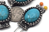 Bring cowboy-chic to your jewelry with these silver metal 2 hole slider beads featuring faux turquoise cabochons. Their concho styling and integrated guide loops support neat, balanced multi-strand layouts. Use as bracelet focals, necklace pendants, or earring centers; perfect with seed beads, crystals, or gemstone accents. Sometimes called two hole slide beads, spacers, or connectors. Lead and nickel compliant metal beads for DIY jewelry.