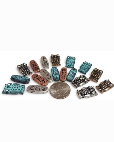 Mixed metal owl sliders with teal patina make eye‑catching bracelet centerpiece options. Add a word bar charm to tell a story. These 2 hole slider beads sit flat and balanced, perfect as curved rectangle accents, tablet plaque charm fillers, or focal slide bar on chokers. Great for boho jewelry parts and giftable bead mixes.