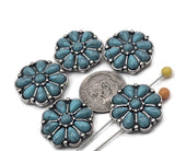 Create standout cuffs and chokers with these 2‑hole turquoise flower sliders. The antique silver concho frame and marbled petals make strong focal beads. Two holes keep seed‑bead strips and leather lace aligned. Use as metal beads, spacer beads, or decorative findings for western bracelets, layered necklaces, and ranch wedding accessories.