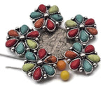 Western flower slider beads with two holes for double-strand stability. Marbled cabochons in red, orange, lime, and turquoise tones sit in antique silver frames. Slide onto leather, micro-cord, or beading wire for centered focal beads that won’t spin. Ideal findings for hatbands, boot bracelets, bolo tie accents, and festival jewelry. Statement metal beads with instant Southwestern style.