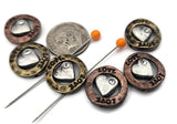 Handcrafted inspiration starts here! These mixed‑metal 2‑hole LOVE heart beads feature a raised silver heart, engraved lettering, and a crystal accent set in antique gold and copper frames. Ideal for bracelet connectors or focal beads, they pair beautifully with seed beads, leather cord, or rhinestone spacers. Whether you’re crafting for gifts, resale, or fun, these romantic metal beads for jewelry making deliver texture, color, and sentiment.