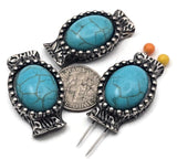 Create statement bracelets with Western concho 2 hole slider beads in antique silver metal. Faux turquoise cabochons pop against textured frames. The two-hole design and center guide loops keep alignment tidy for stringing and bead weaving. Perfect as bracelet focals, necklace pendants, or earring centers; also works in rings and wire-wrapped designs. Unique metal beads, sometimes called two hole slide or spacer beads. Lead and nickel compliant.