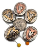 Create romantic bracelet centers with “LOVE” 2 hole slider beads. The mixed‑metal look—gold and copper hearts over light pewter—pairs with warm or cool palettes. Use as a slider focal, spacer, or connector in bracelets, pendant necklaces, and earrings. Frame with seed beads, bugle, or metallic spacers to set rhythm and spacing. Durable metal beads for jewelry making supplies, beading components, crafting supplies, and gift‑ready designs.