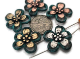 Patina flower 2 hole slider beads with open teal frames and domed metal petals in antique silver, gold, and copper. Use as focal sliders, spacers, or connector components in bracelets, chokers, necklaces, and earrings. Frame with seed beads as filler beads; add pearls, crystals, or Czech glass for shimmer. Essential metal beads and jewelry findings for boho, tropical, and spring collections. Lead and nickel compliant supplies for DIY makers and small‑batch wholesale.