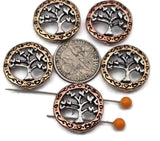 These nature‑themed 2‑hole slider beads feature a sculpted Tree of Life center surrounded by a heart‑motif rim in antique copper and gold tones. Perfect as focal beads in bracelets or as pendants for layered necklaces. The dual‑hole path functions as a spacer bar, ideal between pearls, gemstones, seed beads, chips, or tribal silver beads. Mix with duo beads to mirror the two‑channel geometry and keep patterns even.