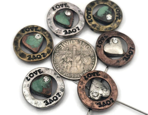 2 Hole Slide Beads (6 pcs) Metal Circle Heart with "Love" for Beading, Jewelry Making into Necklaces or Bracelets 807-M1
