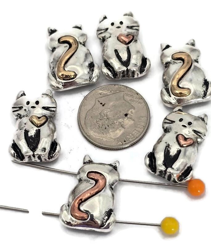 2 Hole Slider Beads (6 pcs) Cat Design for Crafting, Beading or Jewelry Making into Necklaces or Bracelets 658-M18