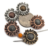 Add rustic floral charm to multi‑strand designs with these sunflower 2‑hole slider beads. The mixed metal look—silver, copper, and brass tones—creates visual interest and coordinates with existing findings. Two parallel holes keep strands flat and aligned, perfect for double‑strand bracelets and layered necklaces. Use as focal connectors or repeating stations between pearls, fire‑polished glass, seed beads, and gemstone chips for farmhouse, boho, and cottage‑style jewelry.