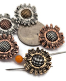 Create cheerful, handmade jewelry with sunflower 2‑hole slider beads featuring raised petals and a textured center. The antique silver, copper, and brass finishes offer versatile styling options for warm and cool palettes. These daisy beads act as spacer bars, stabilizing double‑strand bracelets and pendant necklaces. Pair with seed beads, crystals, rondelles, pearls, and earthy gemstones for garden, festival, and year‑round floral designs.