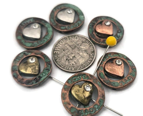 2 Hole Slide Beads (6 pcs) Patina Metal Circle Heart with "Love" for Beading, Jewelry Making into Necklaces or Bracelets 808-M5