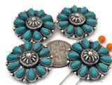These Southwestern concho‑style 2 hole slider beads feature a floral design with turquoise‑style stones set in an ornate silver‑tone frame. The double‑hole construction keeps two strands aligned, making them perfect focal beads for leather bracelets, chokers, and hatbands. Pair with seed beads, Czech beads, heishi, or gemstone chips for bold Western designs. Excellent bracelet beads and jewelry making components for boho and Southwest‑inspired beading projects.