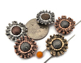 Brighten your jewelry designs with these sunflower 2‑hole slider beads in mixed metal finishes—antique silver, warm copper, and golden brass tones. Each daisy bead features dimensional petals and a textured seed center that adds depth and catches light beautifully. The dual holes act like a spacer bar, keeping double‑strand bracelets and necklaces aligned. Use as focal beads or slide beads between seed beads, pearls, gemstones, and crystals for boho, cottage, and garden‑inspired jewelry making.