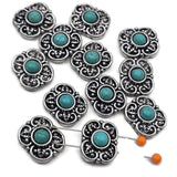 Western turquoise floral 2 hole slider beads with antique silver metal detailing and turquoise style center stones. These metal slide spacer beads are perfect for double 2 strand bracelet and necklace jewelry making and work beautifully with seed beads, duo beads, gemstone beads, or leather cord designs. Ideal for southwestern jewelry, cowgirl bracelets, rustic boho jewelry, and DIY beading supplies.