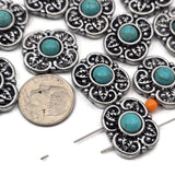 Add a rustic western element to your designs with these turquoise flower 2 hole slider beads in antique silver metal. These metal slide spacer beads are perfect for two strand double bracelet necklace jewelry making and pair beautifully with seed beads, duo beads, gemstones, and leather cords. Ideal for western jewelry designs, cowgirl bracelets, southwestern accessories, and handmade DIY beading projects.