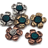 These floral 2 hole slider beads feature inspirational words including Love, Hope, Joy, Faith, and Wish around a spiral flower center. Designed as metal slide spacer beads for double strand bracelet and necklace jewelry making, they work beautifully with seed beads, duo beads, gemstones, or leather cords. Perfect for bohemian jewelry, inspirational bracelet designs, floral accessories, and handmade DIY beading supplies.