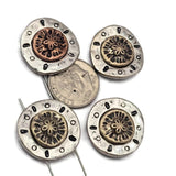 These detailed sea life slider beads feature a raised sand dollar style center surrounded by an antique silver frame with decorative accents. The mixed metal design adds warmth and texture to handmade jewelry projects. With two holes on the back, they are perfect for double strand bracelets and necklaces. Great for beach jewelry, nautical themed accessories, ocean jewelry, and coastal inspired handmade designs.