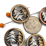Create beautiful forest inspired jewelry with these round tree two hole slider beads. The bronze and copper tone frames highlight detailed pine tree silhouettes that make a stunning focal bead in handmade jewelry. Designed for double strand bracelet designs, they work perfectly with seed beads, duo beads, Czech beads, crystal beads, and natural stone beads to create woodland jewelry, rustic bracelets, and outdoor themed accessories.