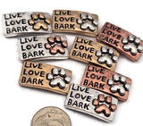 These 2 hole slider beads feature a sweet Live Love Bark paw print design in mixed metals with antique detailing in silver, gold, and copper tones. Perfect metal slide spacer components for two strand double bracelets or necklaces, these beads sit beautifully between seed beads, duo beads, or other spacer metal beading supplies. Ideal for dog lover jewelry, pet themed bracelets, or DIY beading projects, these unique jewelry making components and findings add personality to your designs.
