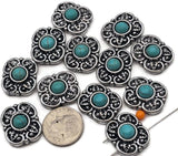 2 hole slider beads with western turquoise flower design in antique silver metal with turquoise style center stones. These metal slide spacer beads are perfect for two strand double bracelet and necklace jewelry making, pairing beautifully with seed beads, duo beads, gemstone beads, and leather cord designs. Ideal for western jewelry, cowgirl bracelet designs, southwestern style accessories, and DIY beading projects, these unique jewelry making components and findings.