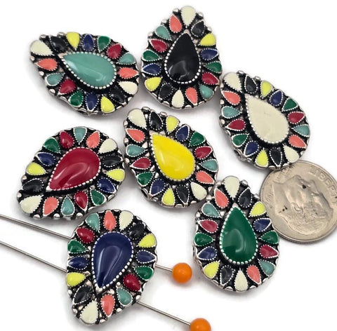 2 hole slider beads with colorful mosaic teardrop design in antique silver metal. These bold metal slide spacer beads are perfect for two strand double bracelet and necklace jewelry making, pairing beautifully with seed beads, duo beads, gemstone beads, or leather cord designs. The vibrant enamel colors create a striking focal bead for boho jewelry, western inspired bracelets, festival jewelry, and DIY beading projects using versatile jewelry making components and findings.