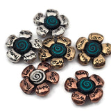 2 hole slider beads with inspirational floral design featuring the words Love, Hope, Joy, Faith, and Wish on flower petals with a spiral center. These metal slide spacer beads are perfect for two strand double bracelet and necklace jewelry making, pairing beautifully with seed beads, duo beads, gemstone beads, or leather cords. Ideal for boho jewelry, inspirational bracelets, floral jewelry designs, and DIY beading projects using versatile jewelry making components and findings.