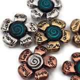 Inspirational flower 2 hole slider beads with spiral center and engraved words Love, Hope, Joy, Faith, and Wish on each petal. These metal slide spacer beads are perfect for two strand double bracelet necklace jewelry making and pair beautifully with seed beads, duo beads, gemstone beads, or metal spacers. Ideal for boho jewelry, inspirational bracelets, floral jewelry designs, and DIY beading projects.