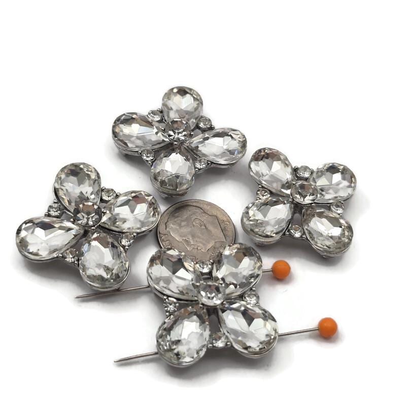 2 Hole Slider Beads Qty 4 Clear Rhinestone Flower Cross Platinum Silver Focal Spacer Jewelry Making Beading Bracelets Necklaces 862 N7