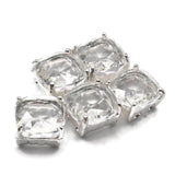 Clear faceted resin rhinestone square 2 hole slider beads in open back platinum silver prong setting. These rare lightweight focal beads are hard to find unique findings perfect for earrings, pendant necklaces, and stretch bracelets. Anchor in peyote stitch or loom work alongside seed beads, freshwater pearls, crystal beads, and Czech glass supporting components.