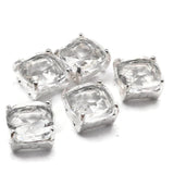 These sparkling lightweight clear square rhinestone 2 hole spacer beads feature brilliantly faceted resin stones in platinum silver prong setting. Rare focal beads perfect for multi-strand jewelry, bead embroidery, and statement earrings where glass weight is a concern. Pair with seed beads, hematite, amethyst chips, and freshwater pearls as supporting beads around them.