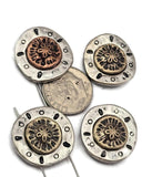 Add ocean inspired beauty to your jewelry designs with these sand dollar sea life slider beads. The layered mixed metal center creates a rustic coastal look that stands out in handmade jewelry. Designed with two holes on the back, they are perfect for double strand bracelet designs, leather jewelry, or layered necklaces. A great choice for beach jewelry, nautical designs, ocean themed accessories, and coastal jewelry making supplies.
