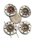 These unique sand dollar ocean themed slider beads bring coastal charm to handmade jewelry projects. The raised center medallion features antique detailing surrounded by a textured silver frame. The two hole construction makes them perfect for double strand bracelets and necklaces. Popular with jewelry designers creating beach jewelry, nautical jewelry, sea life accessories, and ocean inspired handmade jewelry.