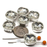 Square crystal rhinestone 2 hole beads in platinum silver bezel — stunning unique findings for bridal headpieces, wedding jewelry, and formal accessories. These double hole spacer beads work beautifully in wire wrapping, peyote stitch, and bead stringing projects. Compatible with CzechMates, tile beads, and other two hole beading components for crafters and jewelry designers.
