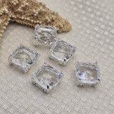 These rare clear faceted resin rhinestone square 2 hole slider beads in platinum silver prong setting deliver dazzling sparkle in a lightweight focal bead perfect for any jewelry design. Use as pendant centerpiece, stretch bracelet focal, or bead weaving anchor. Pair with freshwater pearls, hematite, seed beads, and semi-precious stone chips around them.