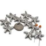 These antique silver starfish 2 hole spacer beads are gorgeous coastal focal beads with rich textured detail perfect for beach inspired jewelry and nautical designs. Rare hard to find metal findings that pair beautifully with turquoise chips, freshwater pearls, coral, seed beads, and Czech glass. Perfect anchor point for bead weaving and peyote stitch projects.