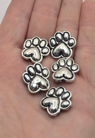 2 hole sliders beads (Qty 5) Focal Silver Paw Print Dog Jewelry Making Crafting Beading Necklace Bracelets M14-873