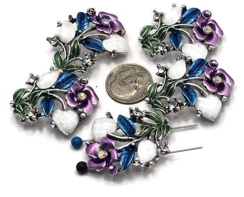 2 Hole Slider Beads -Qty 5 Silver Floral Flower Purple Metal Findings for Jewelry Making Crafting Necklaces or Bracelets 829-n3