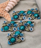 2 Hole Slider Beads -Qty 5 Antique Gold Floral Flower Aqua Blue Metal Findings for Jewelry Making Crafting Necklaces or Bracelets 878-M18
