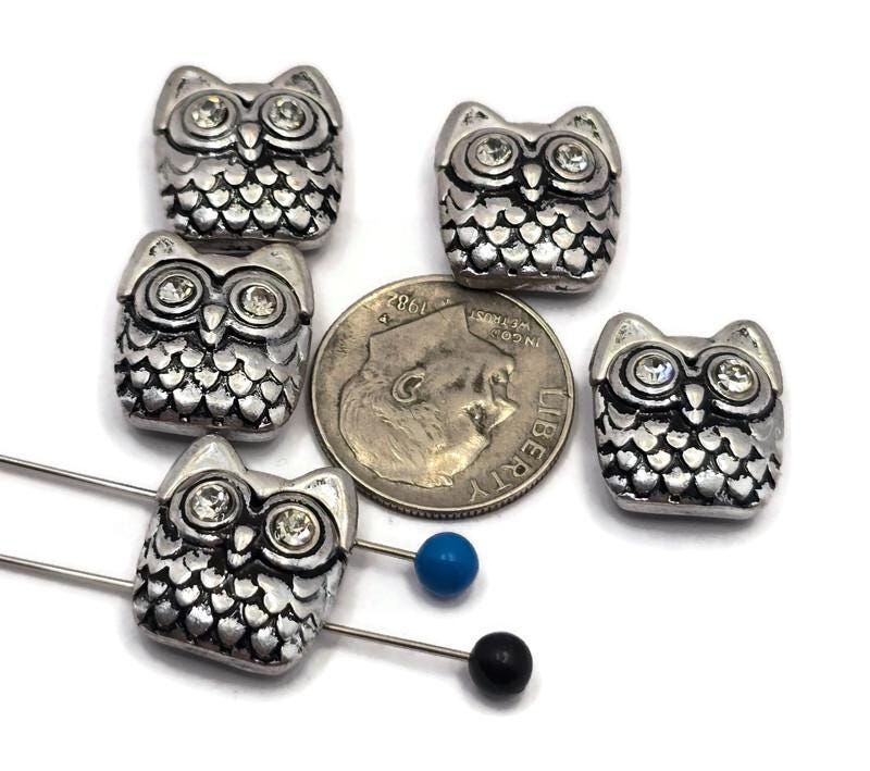 2 Hole Slider Beads (5 pc) Silver Metal Owls Rhinestones for Jewelry Making Beading Necklaces or Bracelets or Crafting - 885-M5