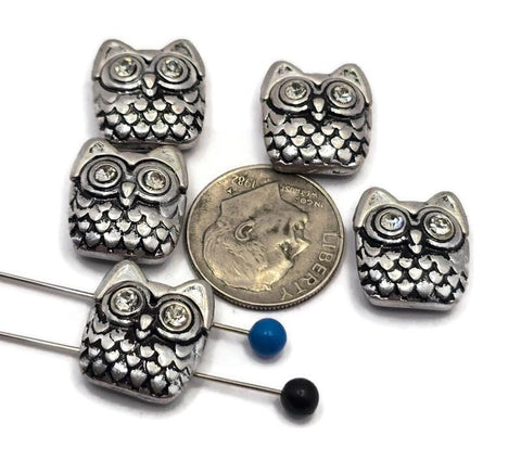 2 Hole Slider Beads (5 pc) Silver Metal Owls Rhinestones for Jewelry Making Beading Necklaces or Bracelets or Crafting - 885-M5